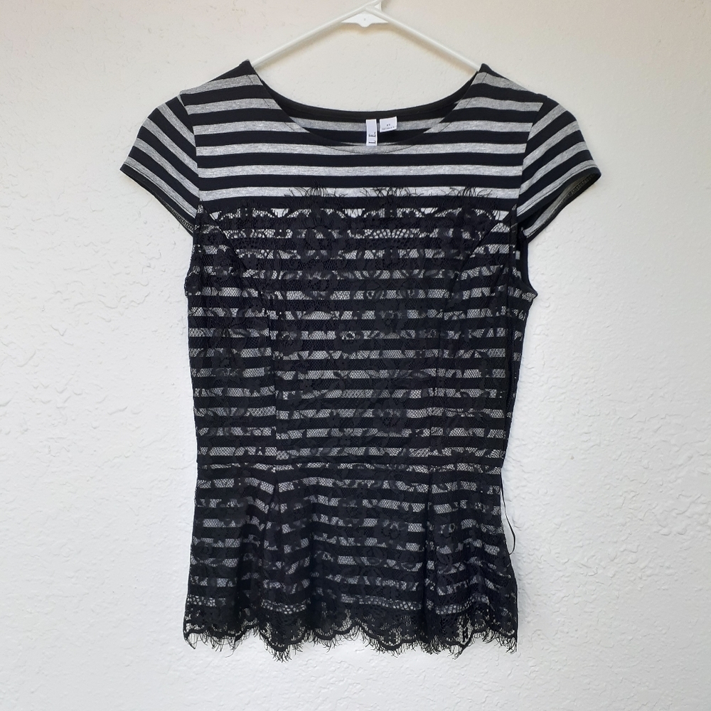 ELLE Black Lace Striped Peplum Blouse